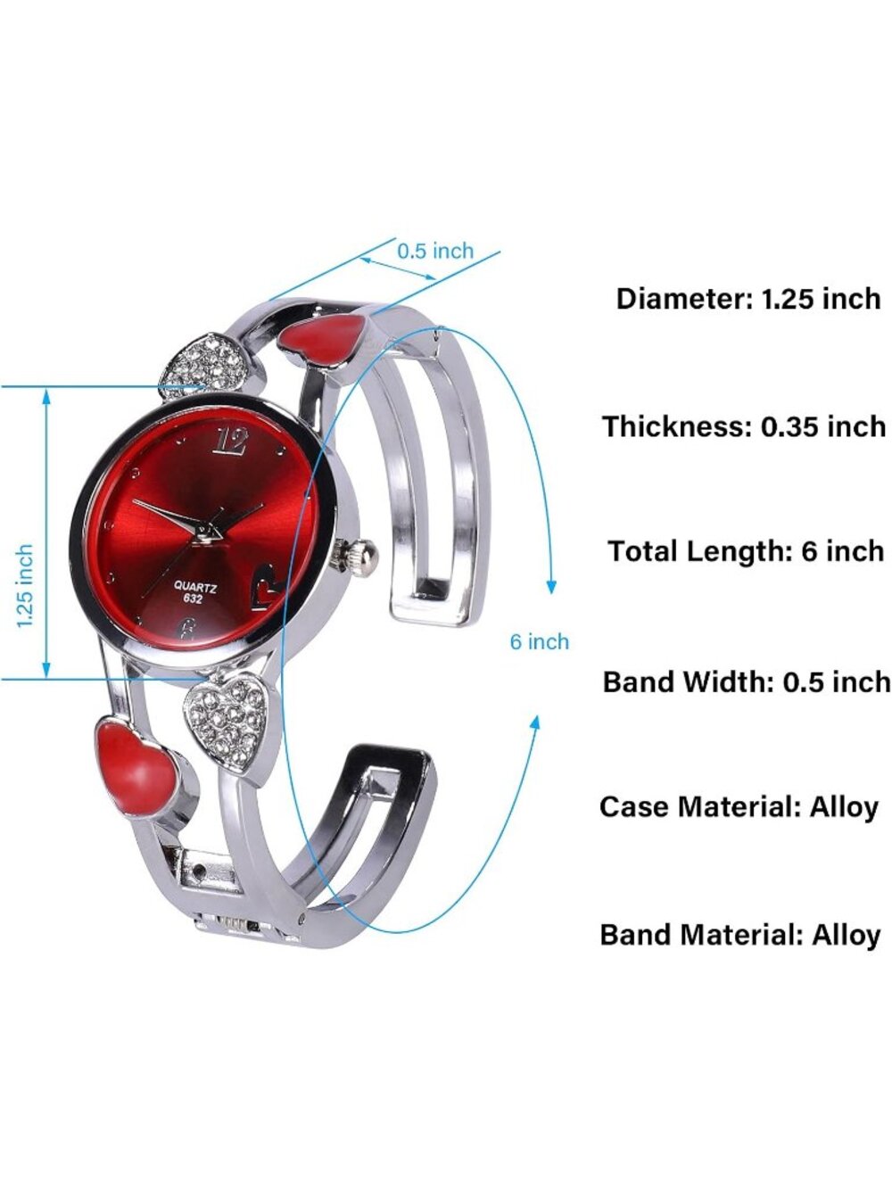 Women's Red Quartz with Rhinestone Round Dial Stainless Steel Band Cuff Watch - Picture 3 of 6